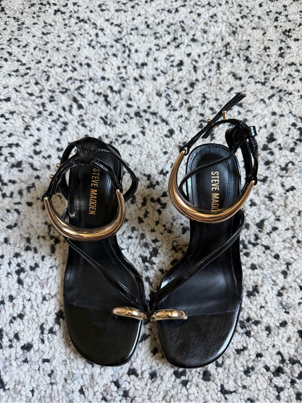 Steve Madden Black Leather Heeled Sandals with Gold Hoops
